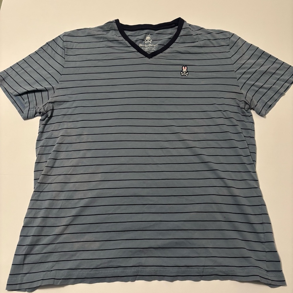 Psycho Bunny Robert Godley Pima Cotton V Neck SS Shirt - Blue Gray Stiped - Sz 7